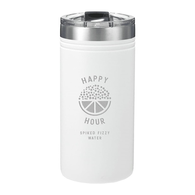 A drink bottle in white featuring a silver lid, with a logo and text design for "Happy Hour."