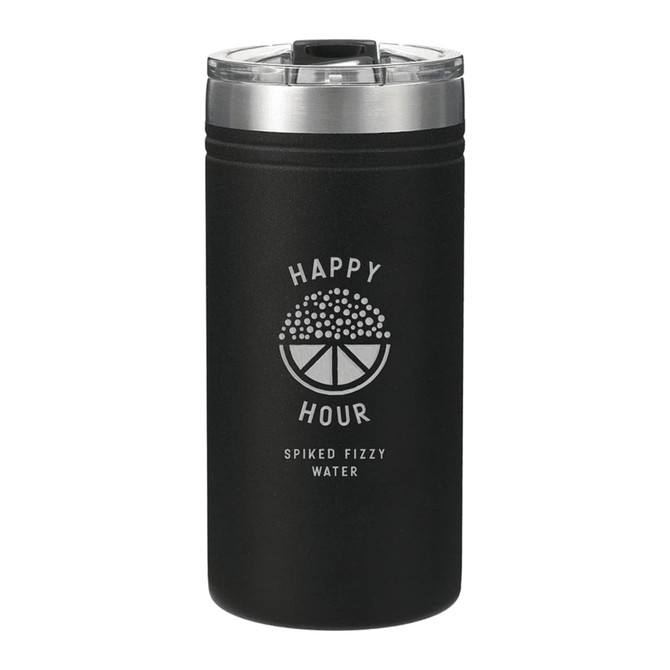 A drink bottle in matte black with a clear lid, featuring a logo and designed for beverage insulation.