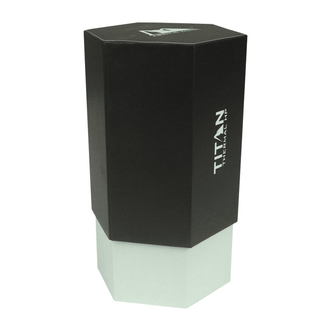 A drink bottle with a sleek black and white design, featuring a hexagonal shape and a logo.