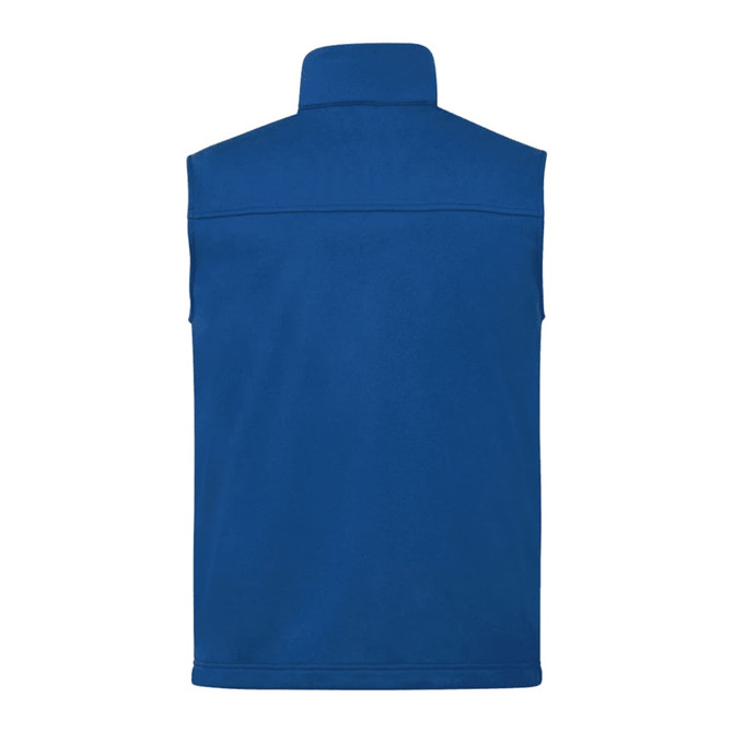 A blue men's eco waterproof softshell vest with no sleeves and a high collar, featuring a logo on the back.