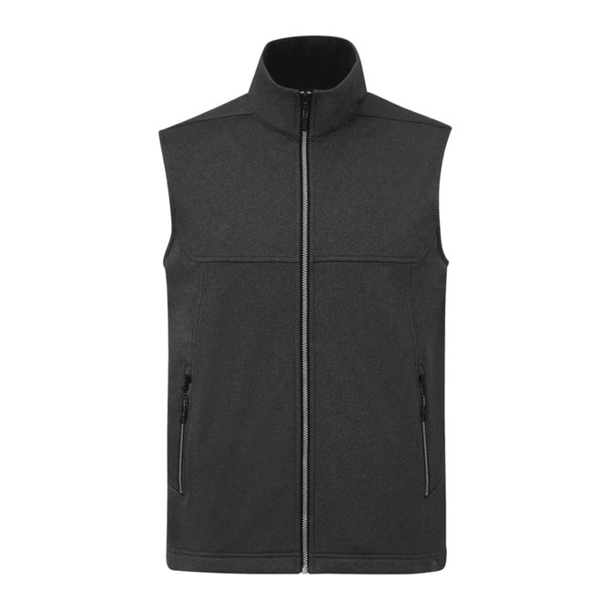 A dark green, eco waterproof softshell vest with a high collar and two zippered pockets.