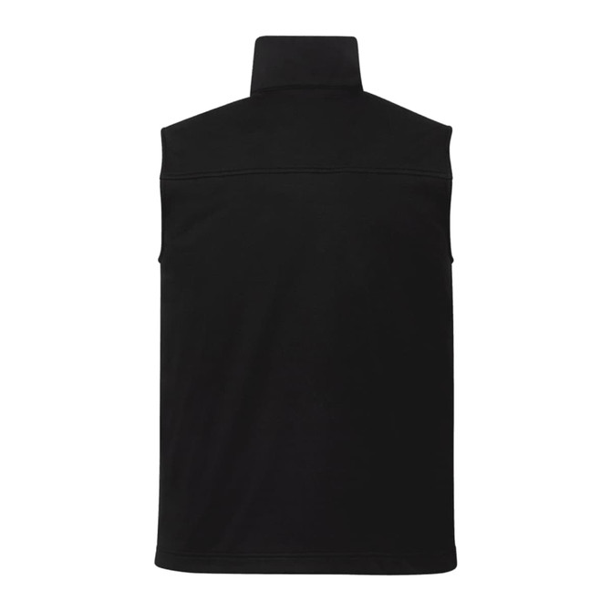 A black eco waterproof softshell vest with a high collar and no sleeves, featuring a logo.