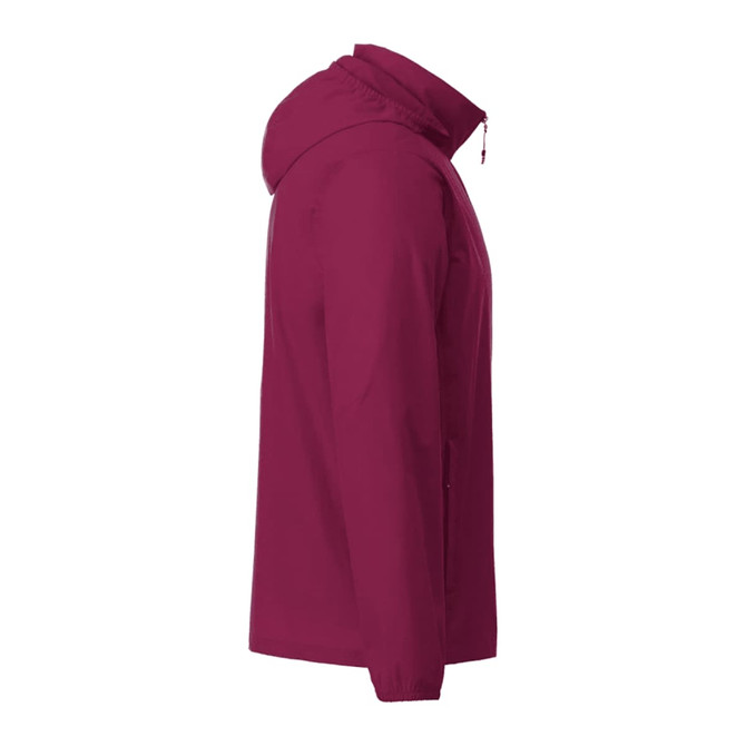 A maroon Men's TOBA Packable Jacket with a hood and side zip pockets, featuring branding on the sleeve.