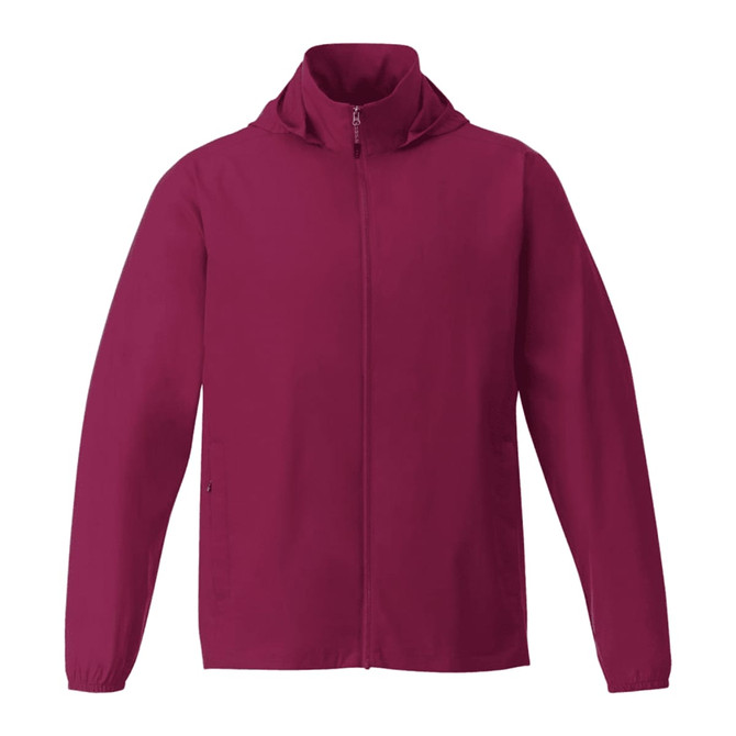 A maroon men's packable rain jacket featuring a hood and full zip front, with an understated design and logo.