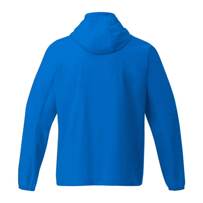 A blue men's packable rain jacket with a hood and long sleeves, featuring a logo on the back.