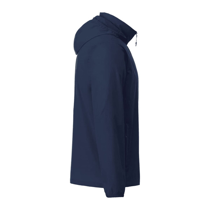 A navy packable rain jacket with a hood, featuring a side profile view and a logo on the fabric.