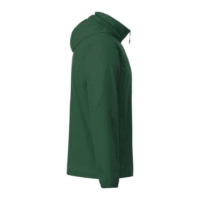 A green men's TOBA packable jacket with a hood, featuring zippered pockets and a logo.