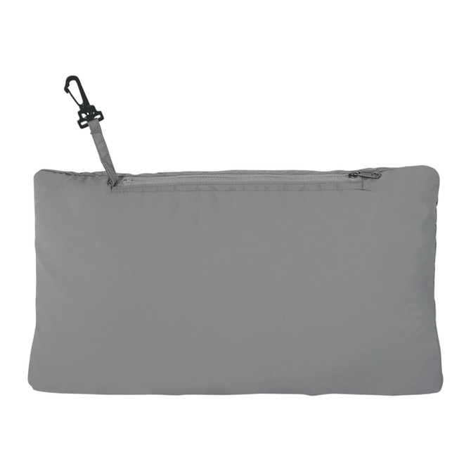 A grey men's packable jacket, folded and stored with a zip closure and a clip for attachment.