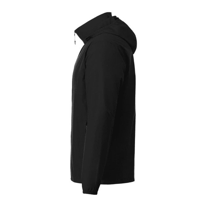 A black men's packable rain jacket with a hood, featuring a side view and a logo on the fabric.
