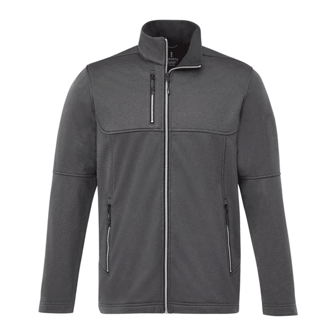 A grey eco waterproof softshell jacket with a zippered front and two side pockets. It features a collar and a logo.