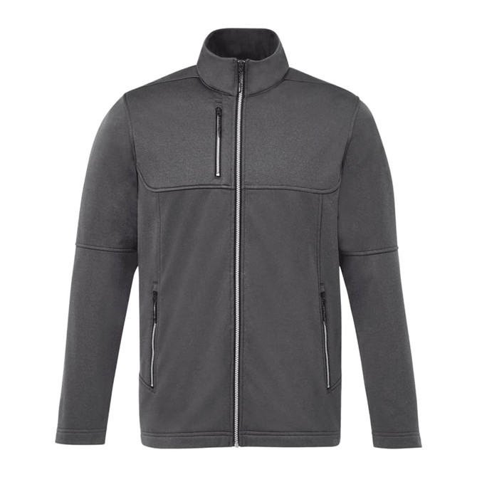 A men's softshell jacket in dark grey with a high collar and zippered pockets, featuring a logo on the chest.