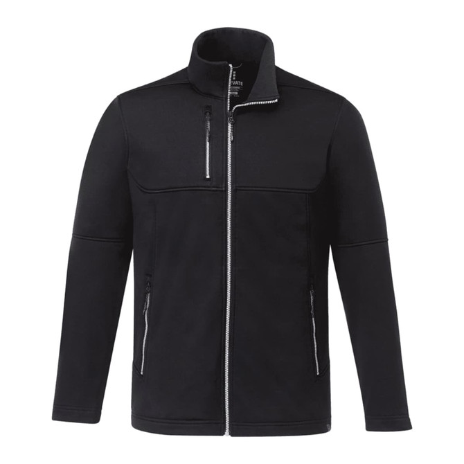 A black softshell jacket with a zip front, high collar, and two front zip pockets, featuring a logo.