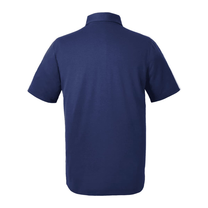 A navy blue men's polo shirt featuring a collar and short sleeves, with a branding logo on the fabric.