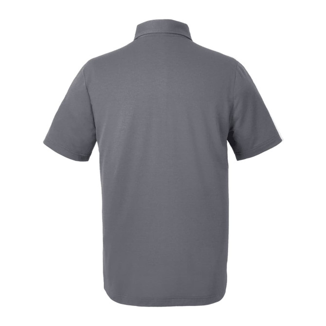 A men's polo shirt in grey, featuring short sleeves and a collar. The back view shows a simple design with a logo.