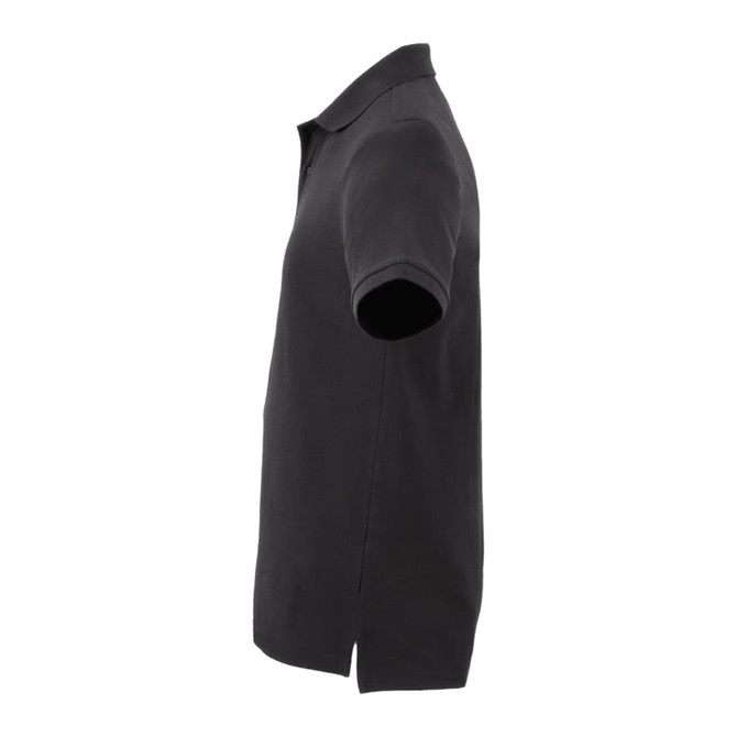 A black men's polo shirt with a collar and short sleeves, featuring a logo on the chest.