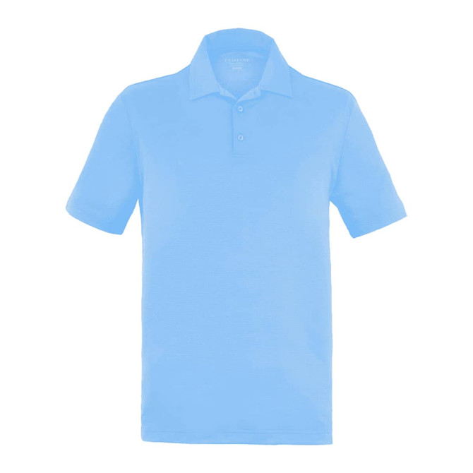 A light blue men's polo shirt featuring a collar and short sleeves, with a logo on the chest.