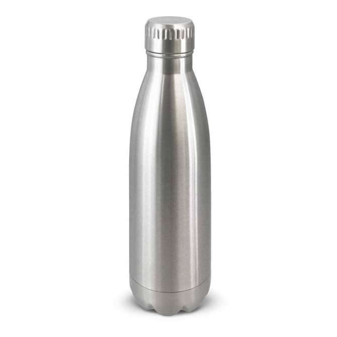 A drink bottle made of stainless steel with a sleek, silver finish and a screw-top lid. It features a logo.