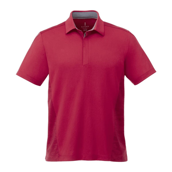 A red short sleeve polo shirt with a collar, featuring a logo on the chest.