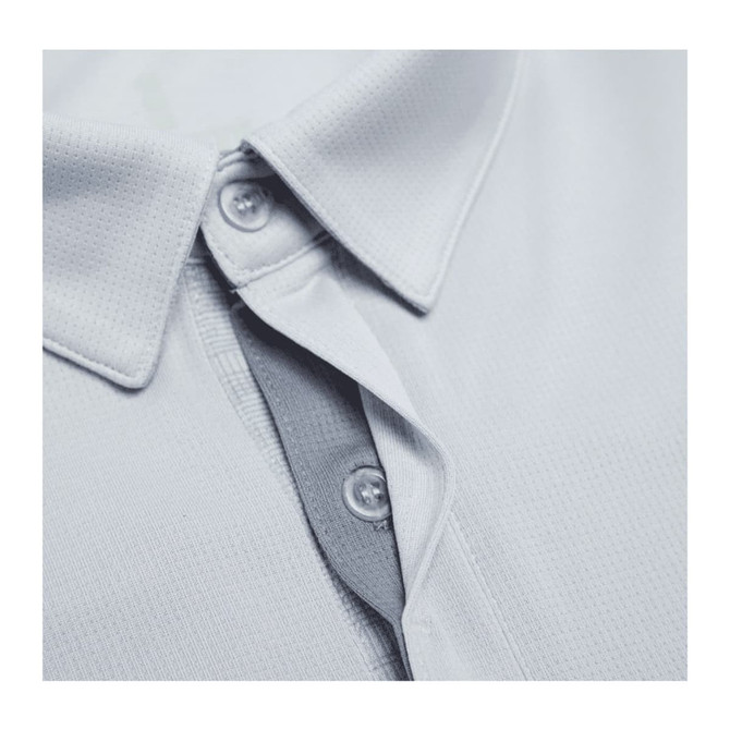 A light grey men's polo shirt with a collar and buttons, featuring a textured fabric and a logo.