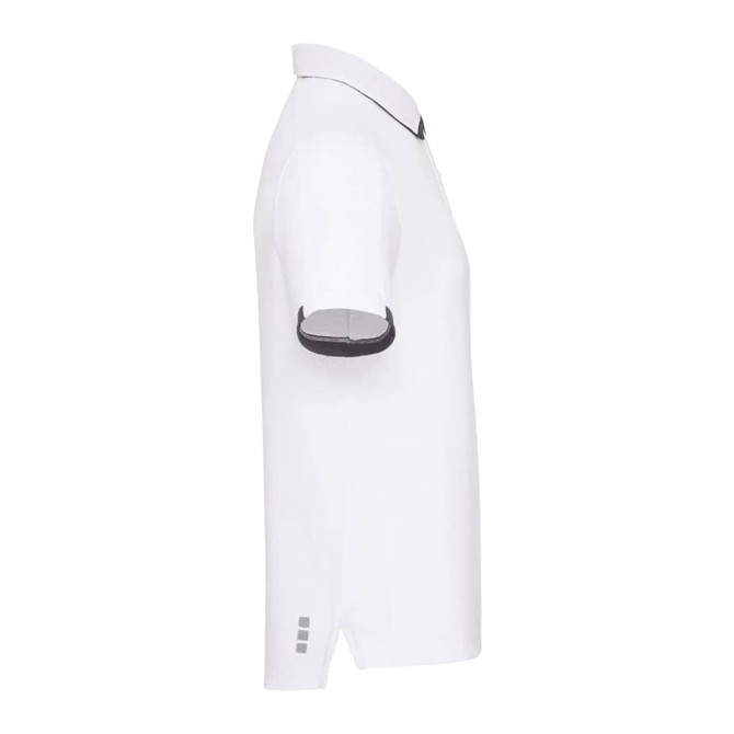 A white short sleeve polo shirt featuring a collar, contrasting detailing, and a logo on the side.