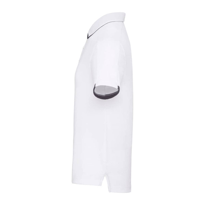 A white men's performance polo shirt with a contrasting collar and cuffs, featuring a logo.