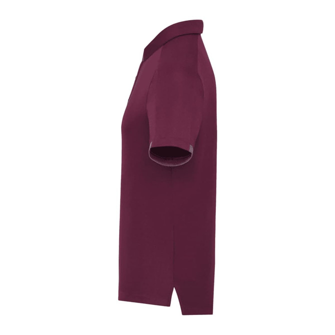 A short sleeve performance polo in a deep maroon colour, featuring a collar and a logo on the chest.