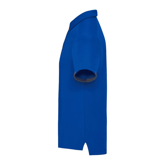 A blue men's polo shirt with short sleeves. The shirt has a collar and features a logo.