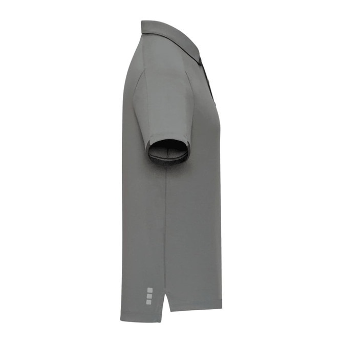 A grey men's performance polo shirt with short sleeves and a subtle logo detail.