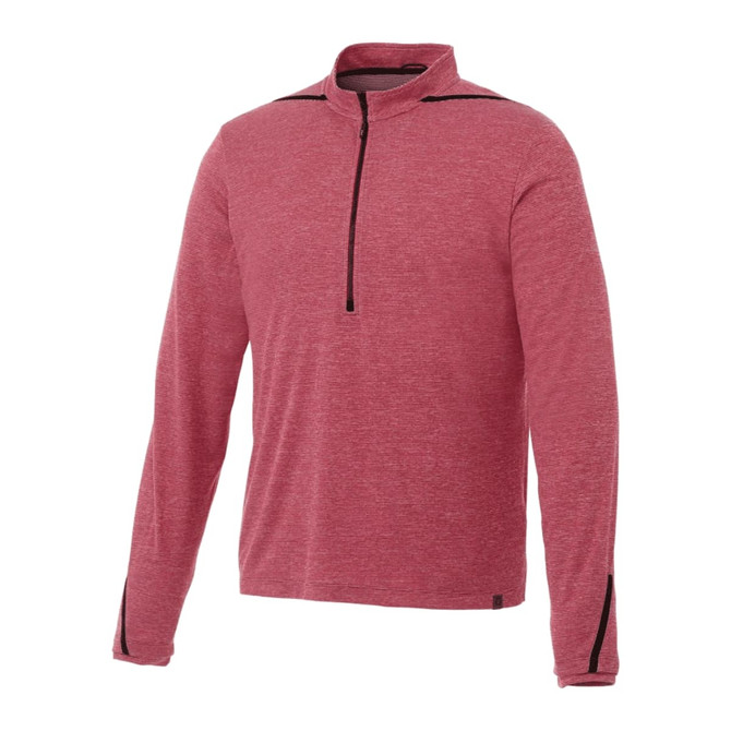 A red half-zip performance jacket with long sleeves and a black zipper, featuring a logo on the sleeve.