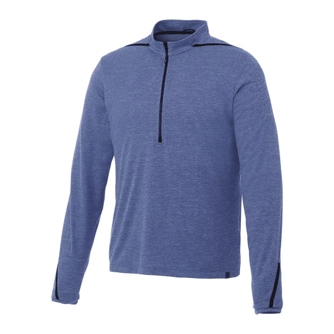 A blue men's half-zip performance jacket with long sleeves and a small collar, featuring a logo on the side.