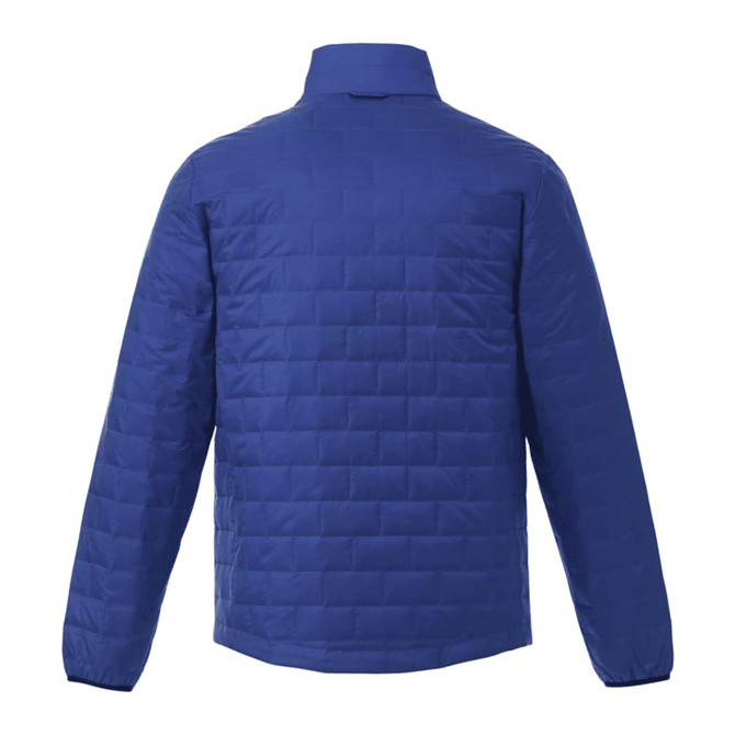 A blue men's lightweight packable insulated puffer jacket, featuring a square quilted texture and a collar.