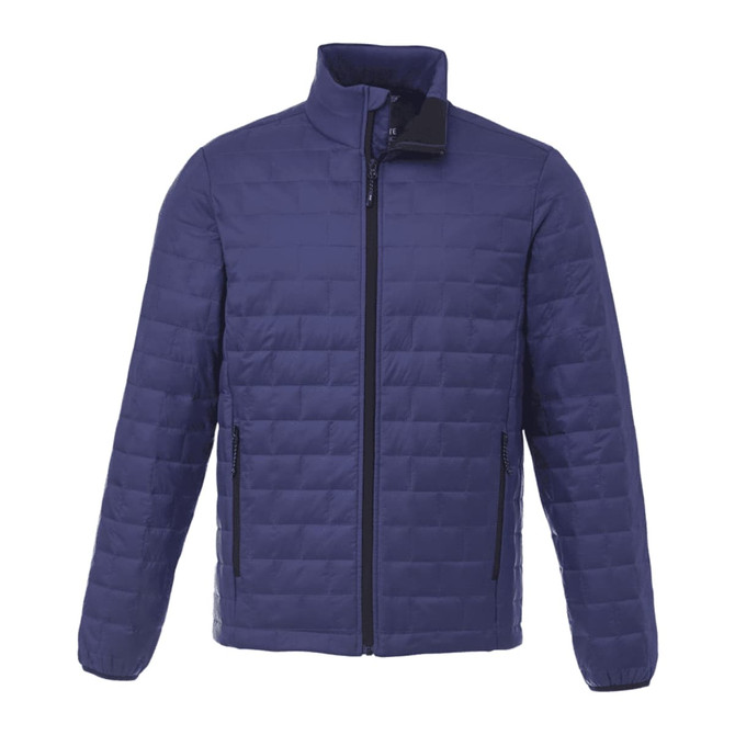 A lightweight packable insulated puffer jacket in navy blue with a zip front and side pockets. Features a brand logo.