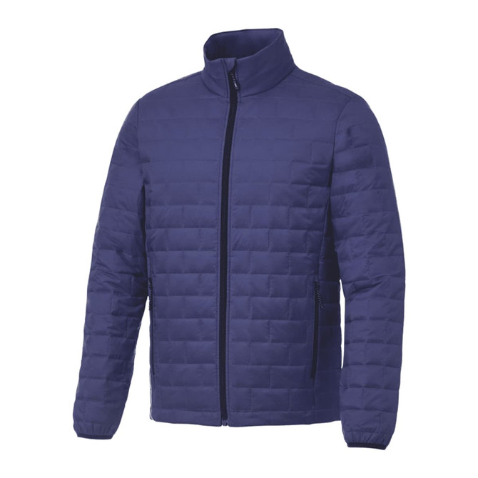A navy puffer jacket with a standing collar, featuring a zip front and side pockets. It has a logo on it.