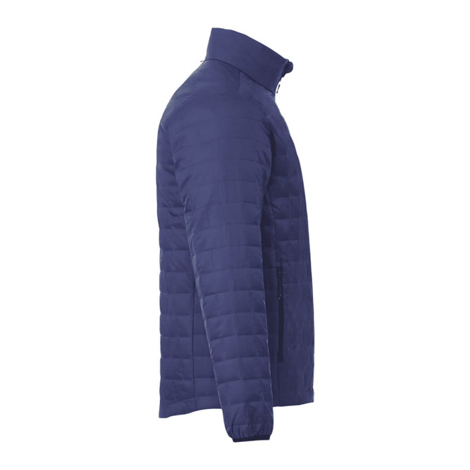 A navy puffer jacket featuring a lightweight, packable design and an insulated structure, with a stand-up collar.