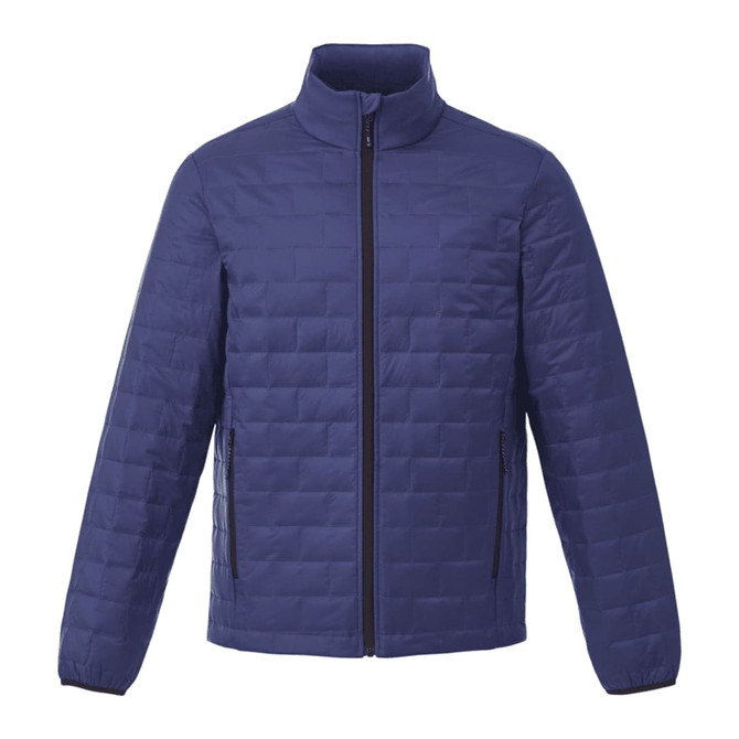 A navy lightweight packable insulated puffer jacket with a zip front and side pockets. It features a logo on the chest.