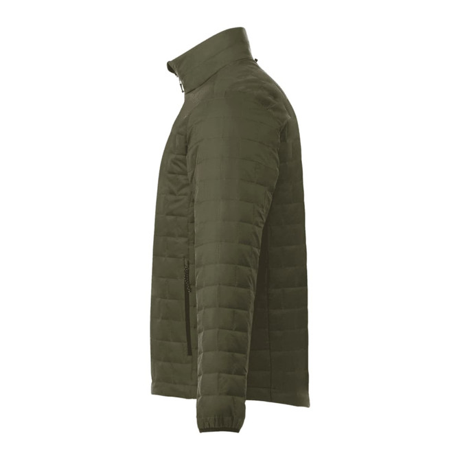 A lightweight, packable insulated puffer jacket in olive green, featuring a zip front and side pockets.
