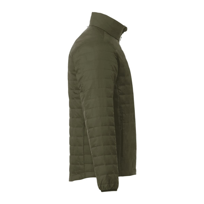 A lightweight, packable insulated puffer jacket in olive green, featuring a side view and a stand-up collar.