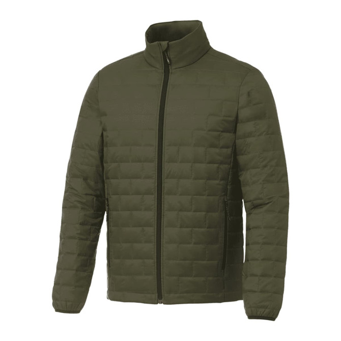 A lightweight packable insulated puffer jacket in olive green, featuring a front zipper and side pockets.
