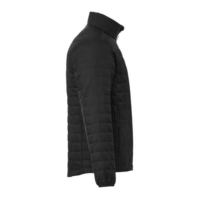 A black men's lightweight packable insulated puffer jacket with a high collar and zippered front.