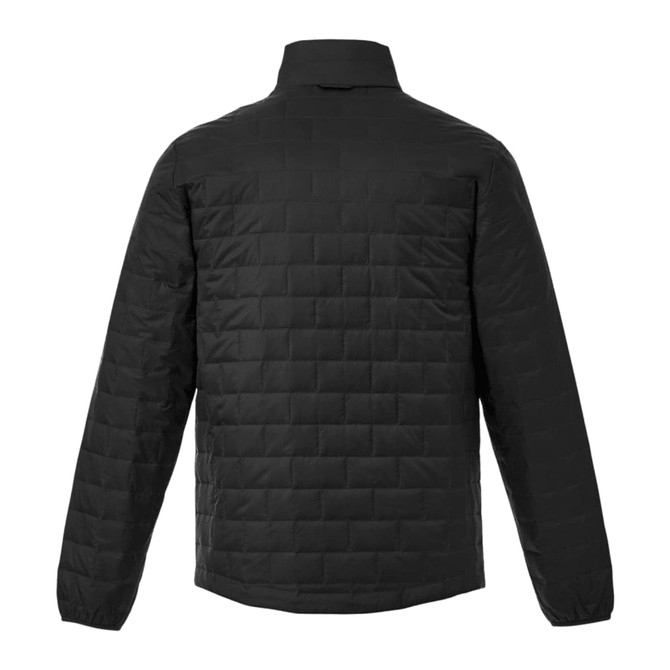 A lightweight black insulated puffer jacket with a quilted design and a high collar, featuring a branding logo.