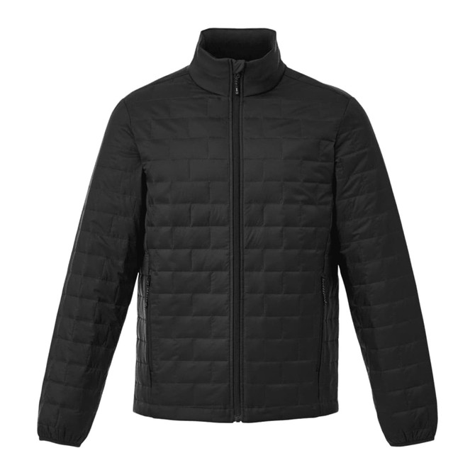 A lightweight black insulated puffer jacket with a stand-up collar and zip closure, featuring side pockets.