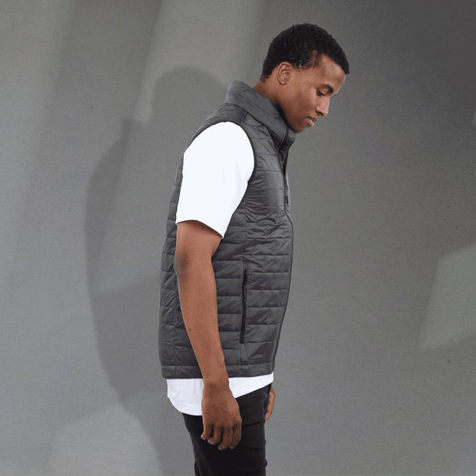 A men's lightweight packable insulated puffer vest in black, featuring a zippered front and a sleeveless design.
