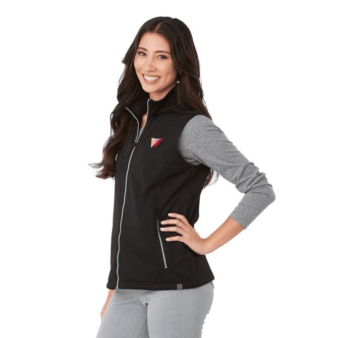 A black eco waterproof softshell vest with a grey sleeve, featuring a logo on the chest.