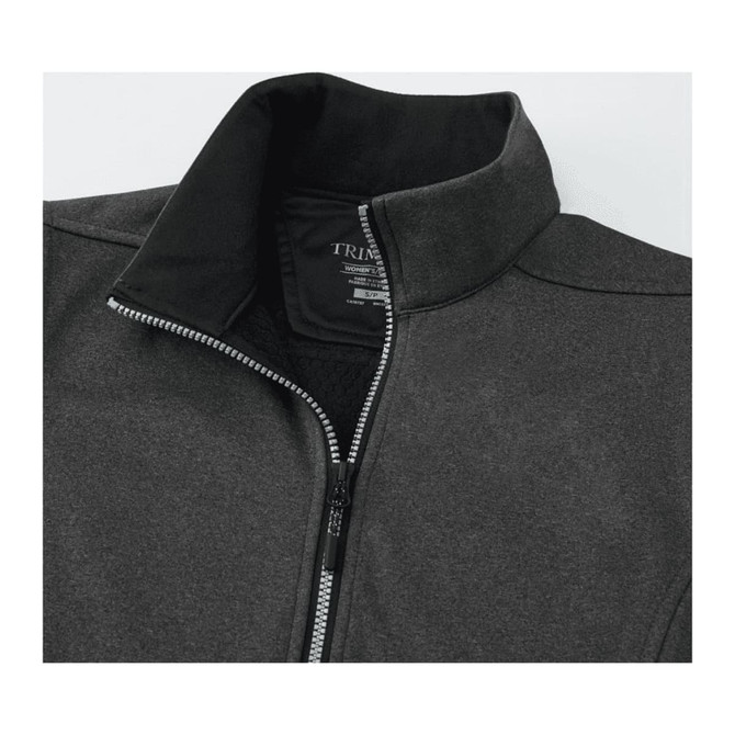 A women's grey eco waterproof softshell vest featuring a zip closure and a high collar. It has a logo on the inside collar.