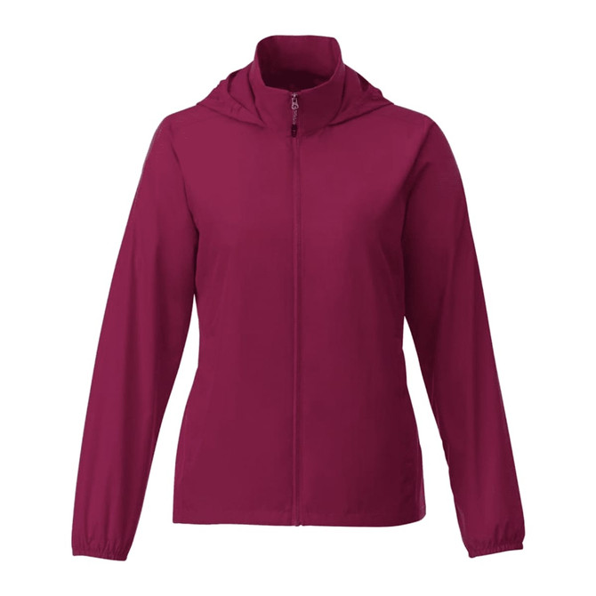 A women's packable jacket in a rich burgundy colour, featuring a zip front and hood, with elasticised cuffs.