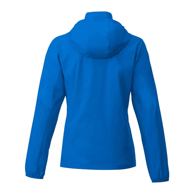 A bright blue women's packable rain jacket featuring a hood and long sleeves, with a logo on the back.