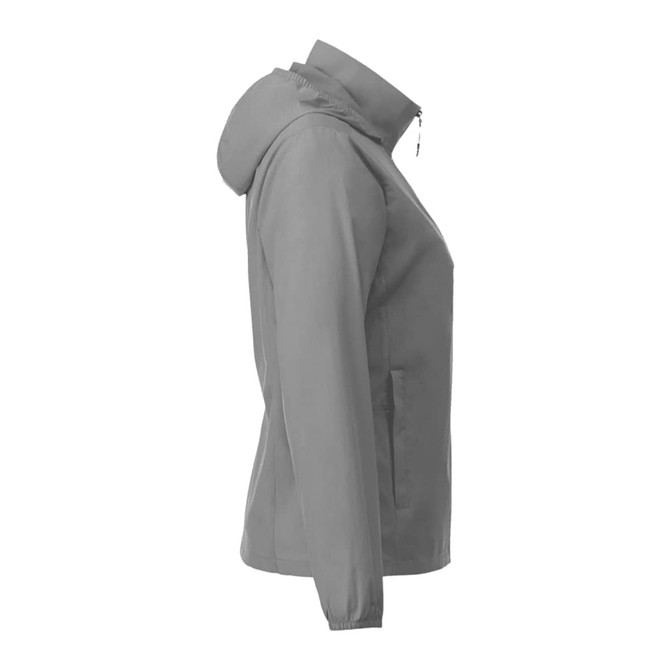 A grey women's packable rain jacket featuring a hood and a logo.