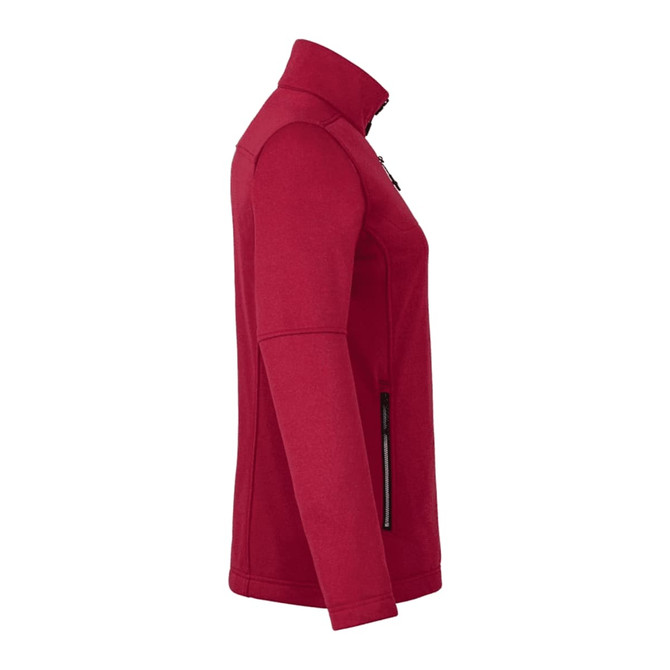A red women's softshell jacket featuring a zippered front, side pockets, and a high collar. It has a logo.