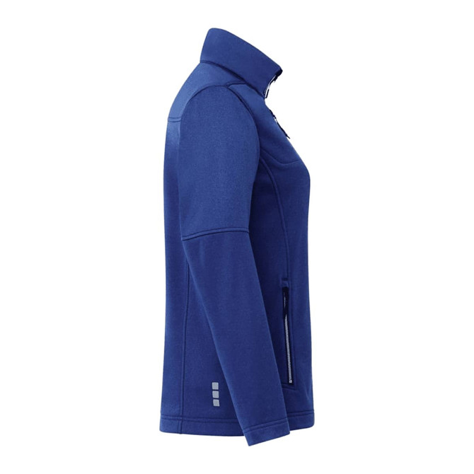A women's softshell jacket in navy blue with a zippered front and side pockets, featuring a logo.