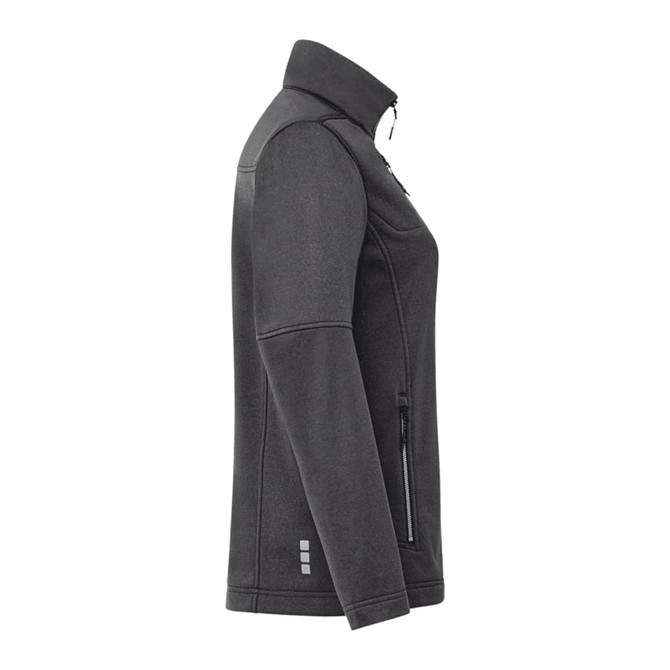 A women's eco waterproof softshell jacket in dark grey, featuring a zip closure and side pockets. The jacket has a logo.